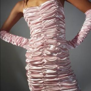 NWT Urban Outfitters Iris Ruched Satin Mini Going Out Dress, Pink XS